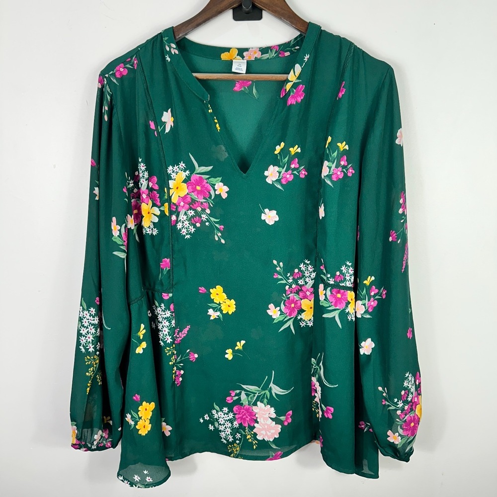 Old Navy Blouse Womens 2X Green Floral V Neck Boho Cottagecore Romantic Flowy